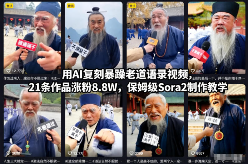 用AI复刻暴躁老道语录视频,21条作品涨粉8.8W,保姆级Sora2制作教学-天韵资源网
