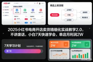 2025小红书电商开店卖货精细化实战教学2.0，不讲废话，小白7天快速学会，单店月利润2W-天韵资源网