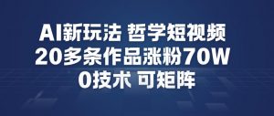 AI新玩法哲学短视频制作教学，20多条作品涨粉70W，0成本赛道，可矩阵-天韵资源网