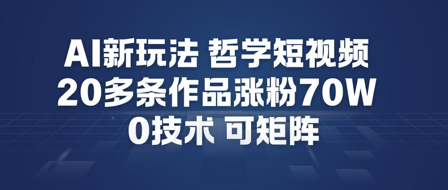 AI新玩法哲学短视频制作教学，20多条作品涨粉70W，0成本赛道，可矩阵-天韵资源网