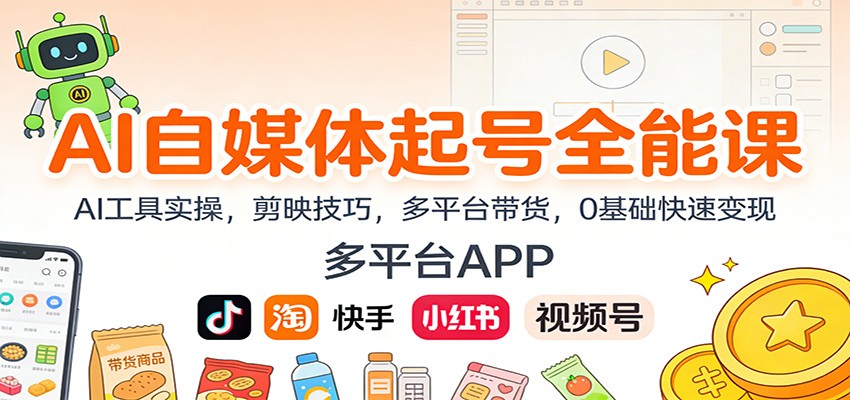 AI自媒体起号全能课:AI工具实操,剪映技巧,多平台带货,0基础快速变现-天韵资源网