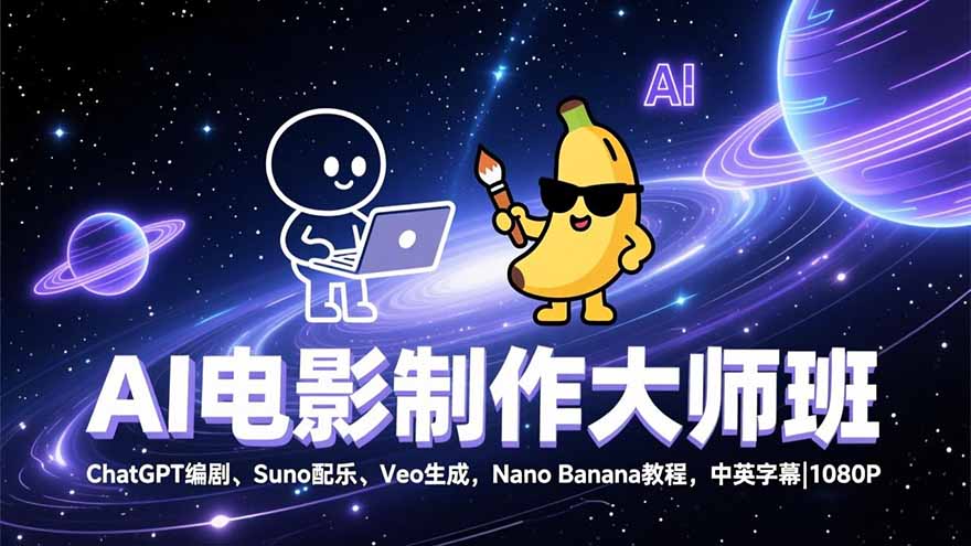 AI电影制作大师班：ChatGPT编剧、Suno配乐、Veo生成，Nano Banana教程，中英字幕|1080P-天韵资源网