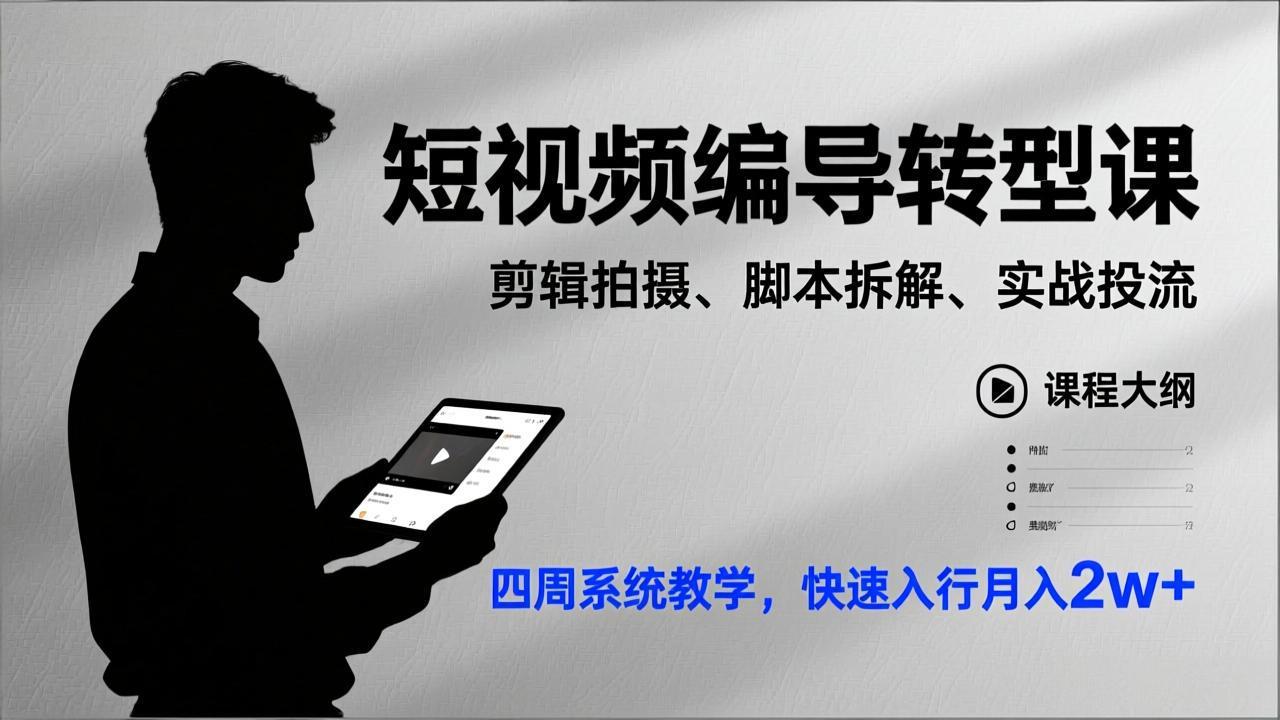 短视频编导转型课，剪辑拍摄、脚本拆解、实战投流，四周系统教学，快速入行月入2w+-天韵资源网