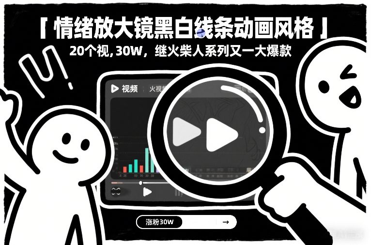 情绪放大镜黑白线条动画风格,20个视频,涨粉30W,继火柴人系列又一大爆款-天韵资源网