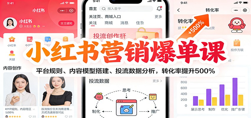 小红书营销爆单课：平台规则、内容模型搭建、投流数据分析，转化率提升500%-天韵资源网