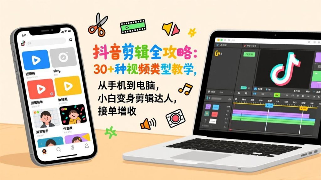 抖音剪辑全攻略：30+种视频类型教学，从手机到电脑，小白变身剪辑达人，接单增收-天韵资源网