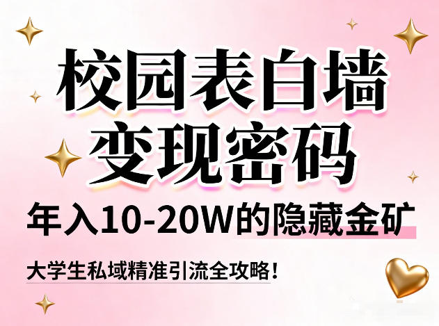 校园表白墙变现密码，年入10-20W的隐藏金矿，大学生私域精准引流全攻略！-天韵资源网