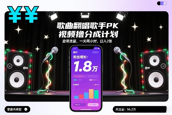 歌曲翻唱歌手PK视频撸分成计划，自带流量，一天两小时，日入2张-天韵资源网