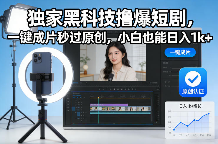 独家黑科技撸爆短剧，一键成片秒过原创，小白也能日入1k+【揭秘】-天韵资源网