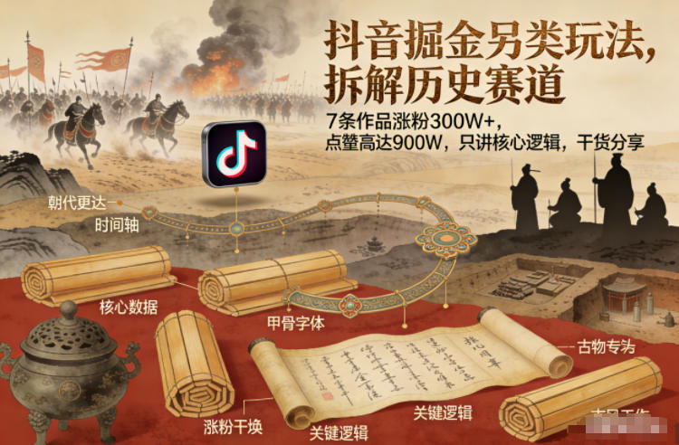 抖音掘金另类玩法，拆解历史赛道，7条作品涨粉300W+，点赞量高达900W，只讲核心逻辑，干货分享-天韵资源网