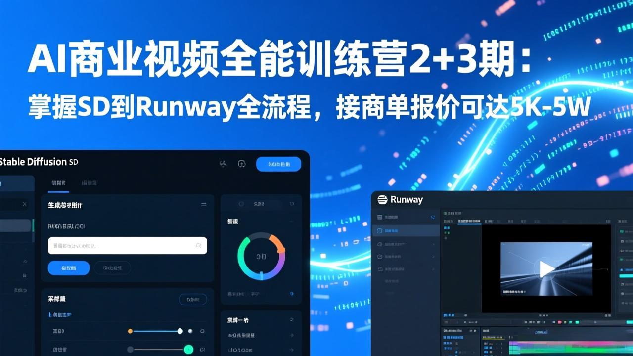 AI商业视频全能训练营2+3期：掌握SD到Runway全流程，接商单报价可达5K-5W-天韵资源网