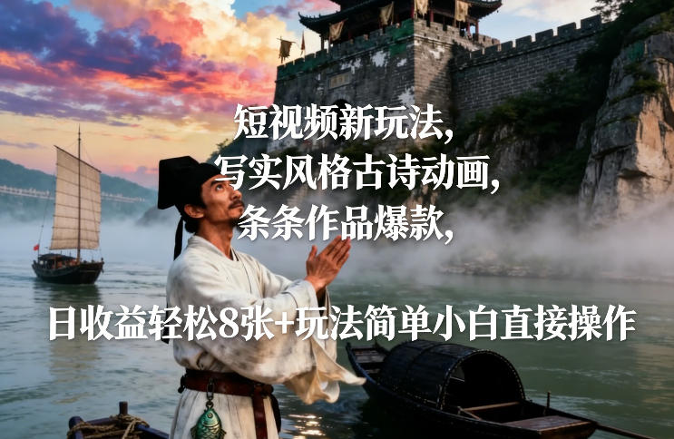 短视频新玩法，写实风格古诗动画，条条作品爆款，日收益轻松8张+玩法简单小白直接操作-天韵资源网