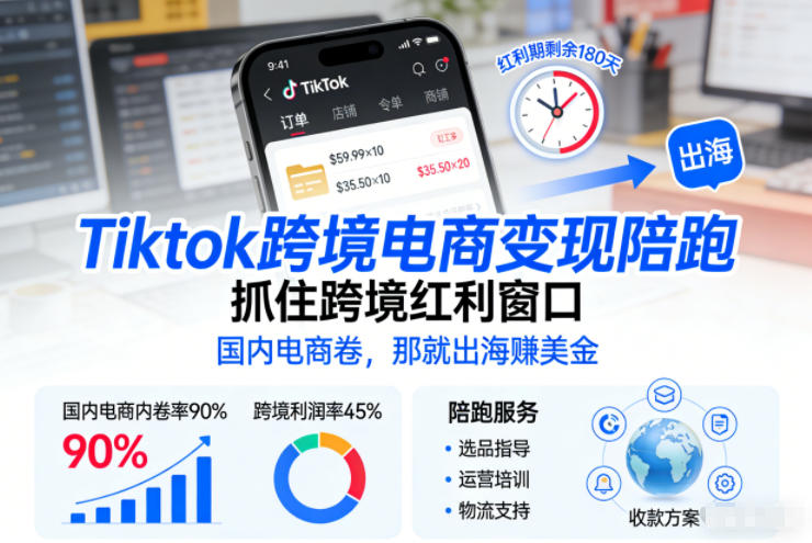 Tiktok跨境电商变现陪跑，抓住跨境红利窗口，国内电商卷，那就出海賺美金-天韵资源网