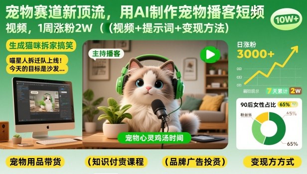 宠物赛道新顶流，用AI制作宠物播客短视频，1周涨粉2W(视频+提示词+变现方法)-天韵资源网