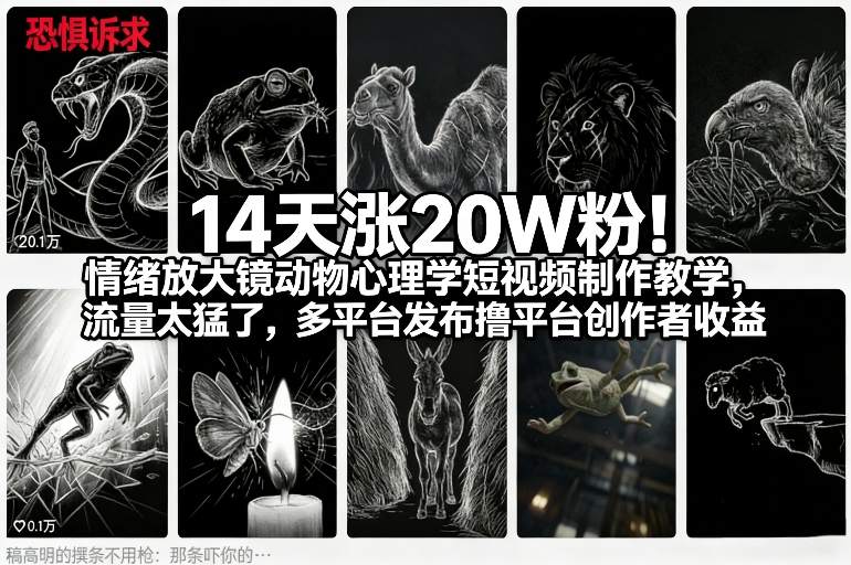 14天涨20W粉！情绪放大镜动物心理学短视频制作教学，流量太猛了，多平台发布撸平台创作者收益-天韵资源网