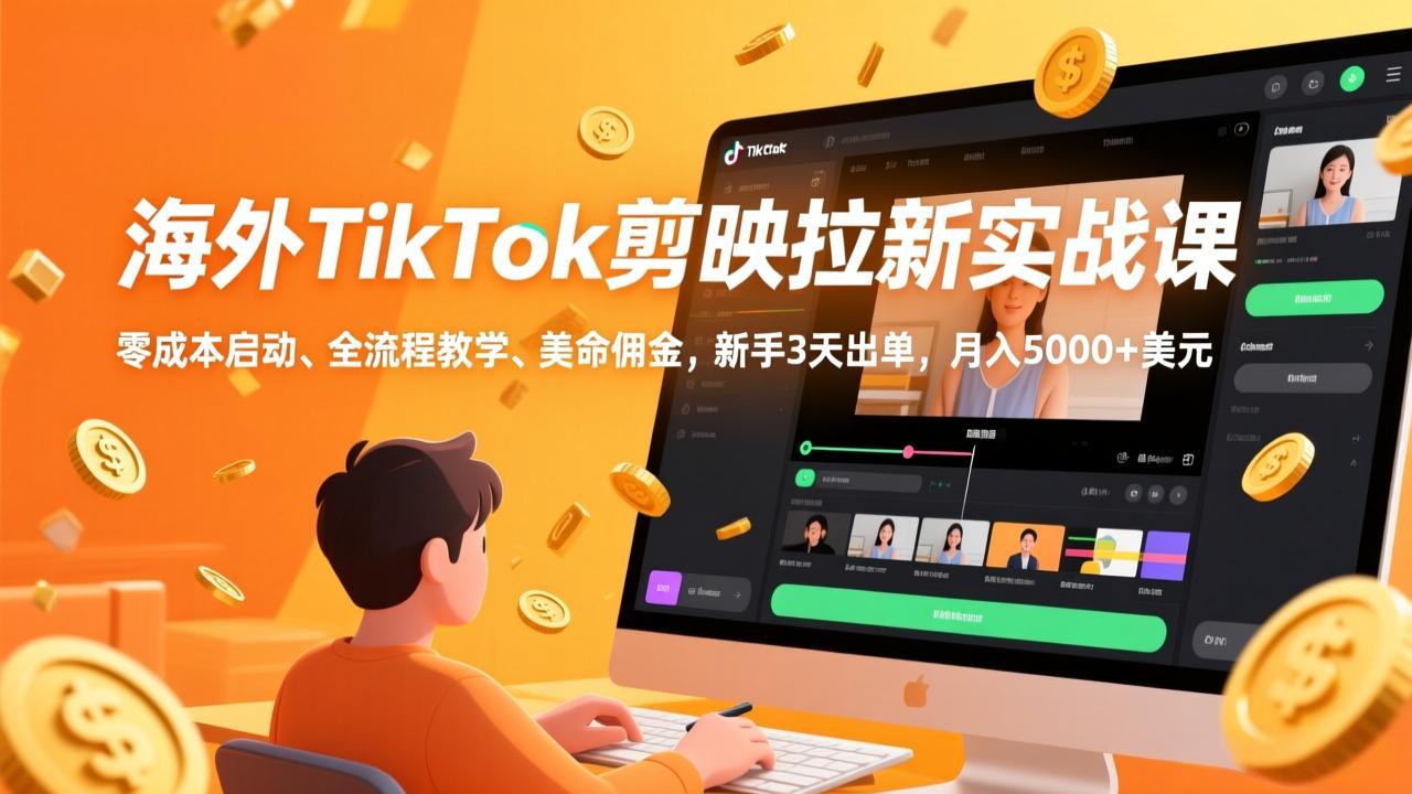 海外TikTok剪映拉新实战课，零成本启动、全流程教学、美金佣金，新手3天出单，月入5000+美元-天韵资源网