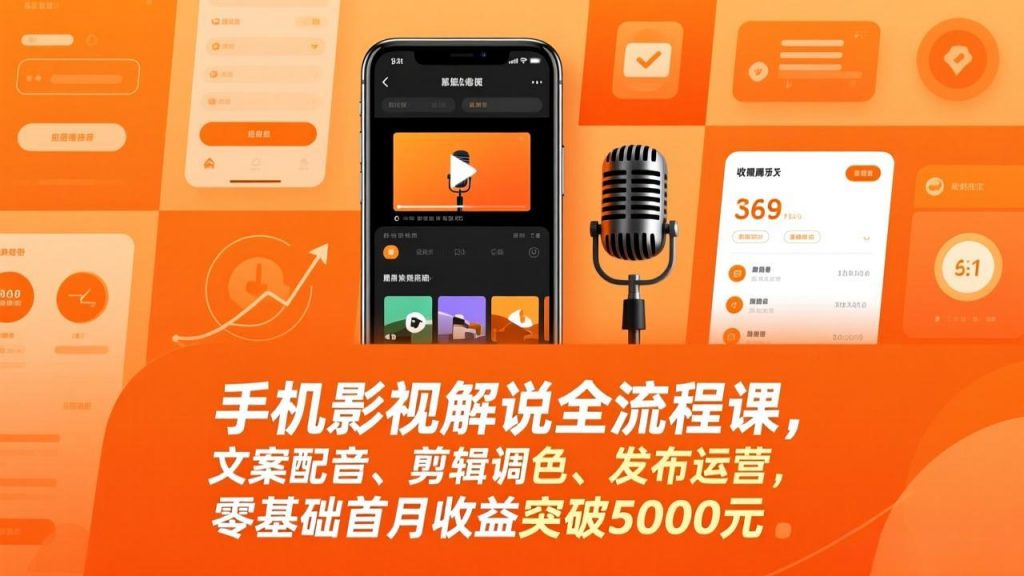 手机影视解说全流程课，文案配音、剪辑调色、发布运营，零基础首月收益突破5000元-天韵资源网