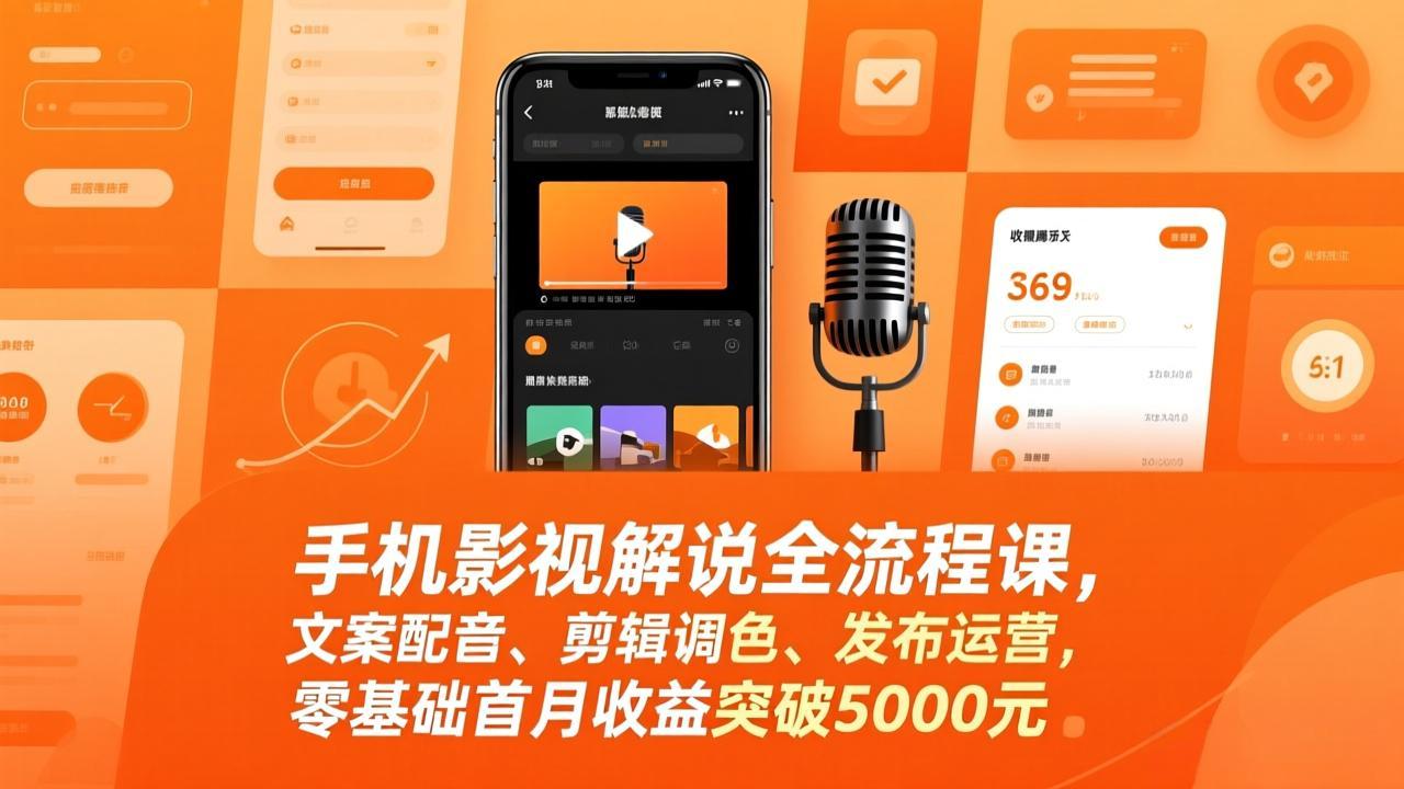 手机影视解说全流程课，文案配音、剪辑调色、发布运营，零基础首月收益突破5000元-天韵资源网