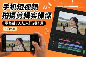 手机短视频拍摄剪辑实操课，零基础7天从入门到精通，小白必学-天韵资源网