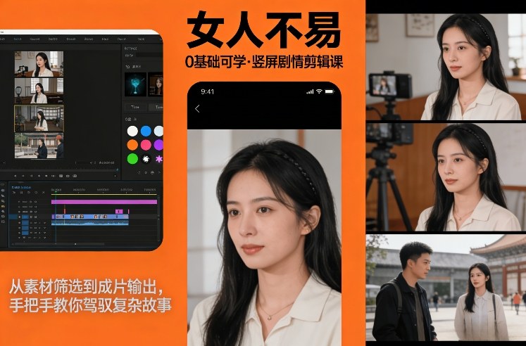 0基础可学！《女人不易》竖屏剧情剪辑课，从素材筛选到成片输出，手把手教你驾驭复杂故事-天韵资源网