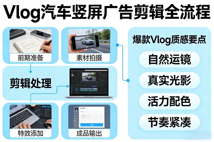 Vlog感觉汽车竖屏广告剪辑脚本全流程，拿捏爆款Vlog质感-天韵资源网