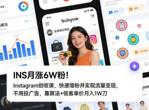 INS月涨6W粉!Instagram创收课,快速增粉并实现流量变现,不用用投广告,靠算法+低客单价月入1W刀-天韵资源网