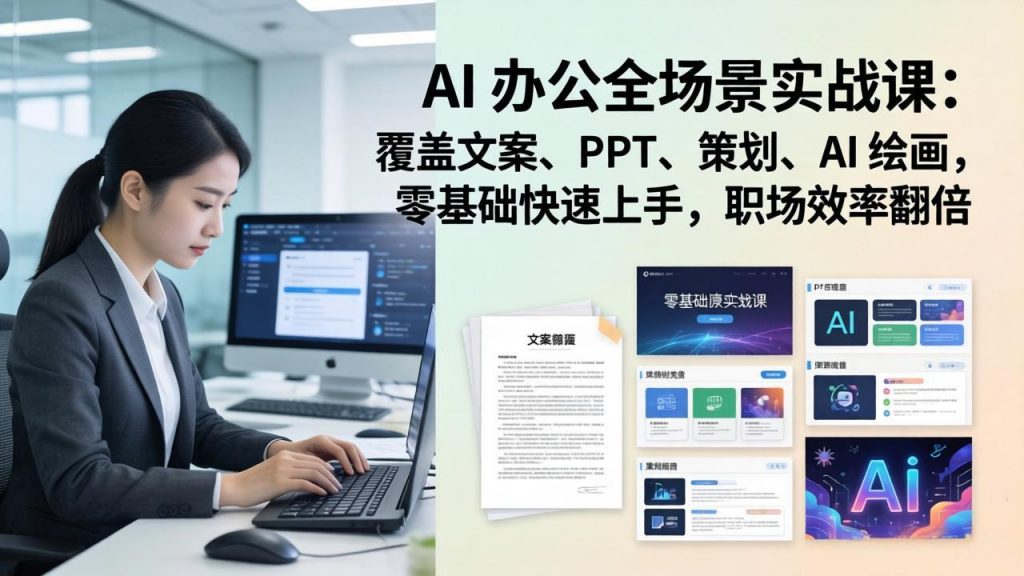 AI 办公全场景实战课：覆盖文案、PPT、策划、AI 绘画，零基础快速上手，职场效率翻倍-天韵资源网