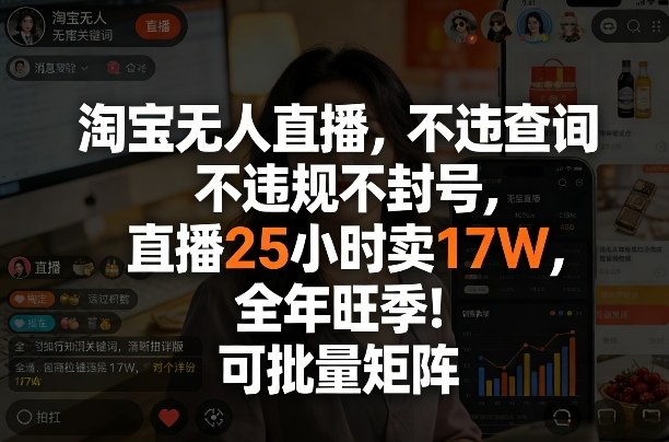 淘宝无人直播，不违规不封号，直播25小时卖17W，全年旺季！可批量矩阵【揭秘】-天韵资源网