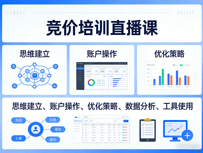 竞价培训直播课，覆盖思维建立、账户操作、优化策略、数据分析、工具使用等，全方位提升效果-天韵资源网