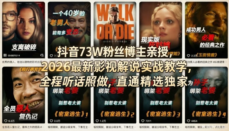 抖音73W粉丝博主亲授，2026最新影视解说实战教学，全程听话照做，直通精选独家-天韵资源网