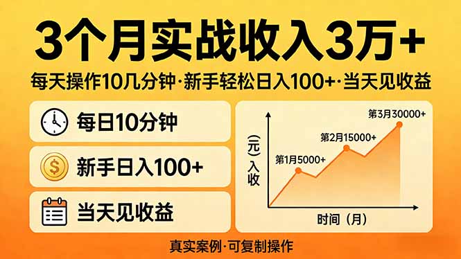 3个月实战收入3万+，每天操作10几分钟，新手轻松日入100+，当天见收益-天韵资源网
