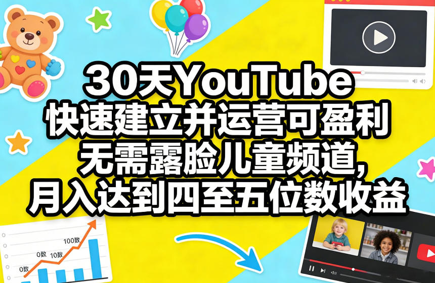 30天YouTube快速建立并运营可盈利无需露脸儿童频道，月入达到四至五位数收益-天韵资源网