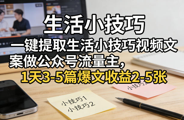 一键提取生活小技巧视频文案做公众号流量主，1天3-5篇爆文收益2-5张-天韵资源网
