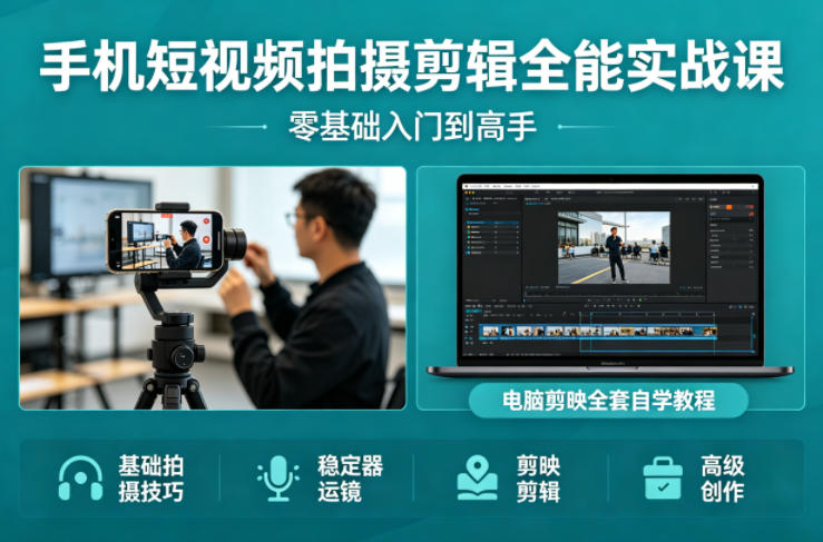手机短视频拍摄剪辑全能实战课：零基础入门到高手，稳定器运镜+电脑剪映全套自学教程-天韵资源网