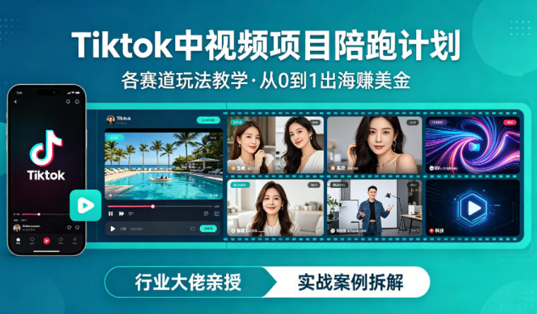 某大佬的Tiktok中视频项目陪跑，涵盖TK各个赛道玩法教学，从0到1出海賺美金-天韵资源网