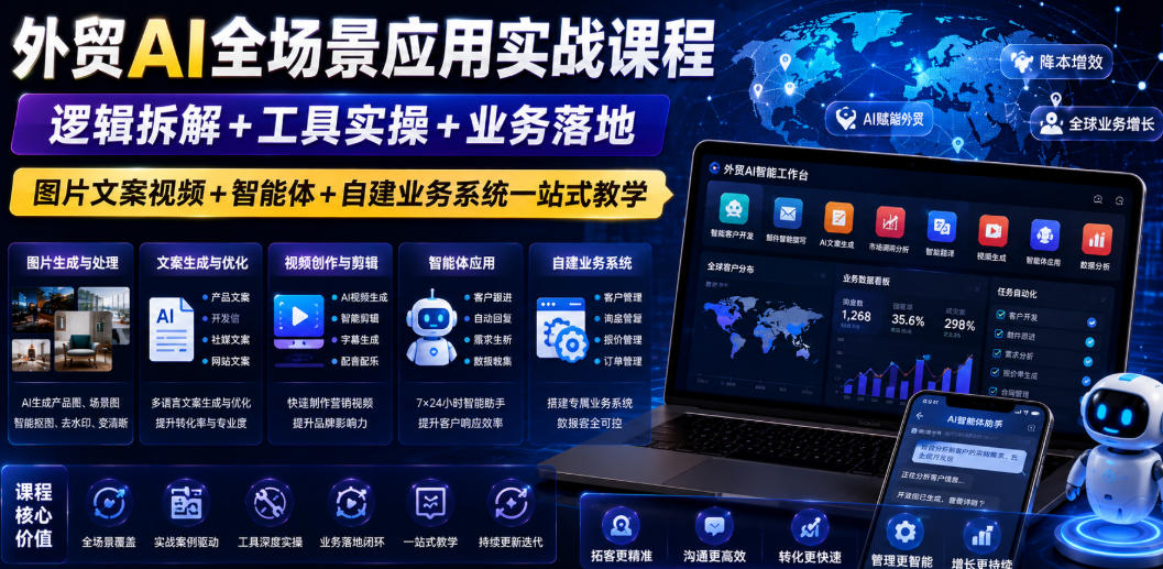 外贸AI全场景应用实战课程｜逻辑拆解+工具实操+业务落地，图片文案视频+智能体+自建业务系统一站式教学-天韵资源网