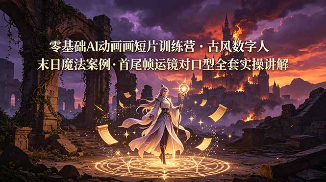 零基础AI动画短片训练营，古风数字人末日魔法案例，首尾帧运镜对口型全套实操讲解-天韵资源网