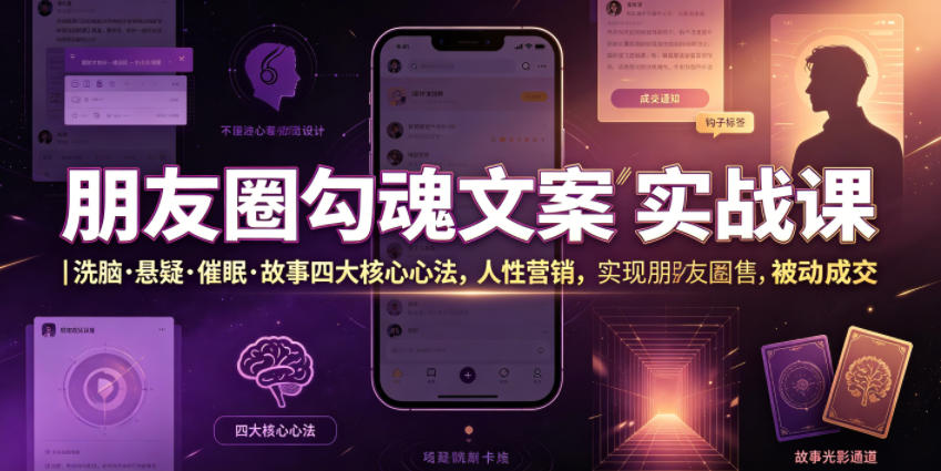 朋友圈勾魂文案实战课｜洗脑·悬疑·催眠·故事四大核心心法，吃透人性营销，实现朋友圈不销而售被动成交-天韵资源网