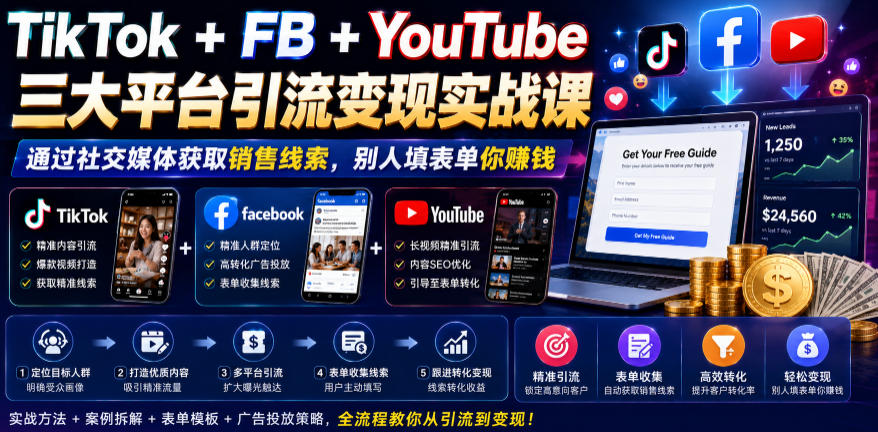 TikTok+FB+YouTube三大平台引流变现实战课，通过社交媒体获取销售线索，别人填表单你賺钱【原创双语字幕】-天韵资源网