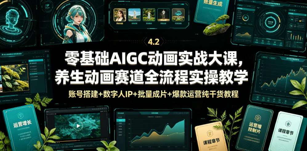 零基础AIGC动画实战大课，养生动画赛道全流程实操教学，账号搭建+数字人IP+批量成片+爆款运营纯干货教程-天韵资源网
