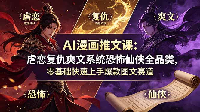 AI漫画推文课：虐恋复仇爽文系统恐怖仙侠全品类，零基础快速上手爆款图文赛道-天韵资源网
