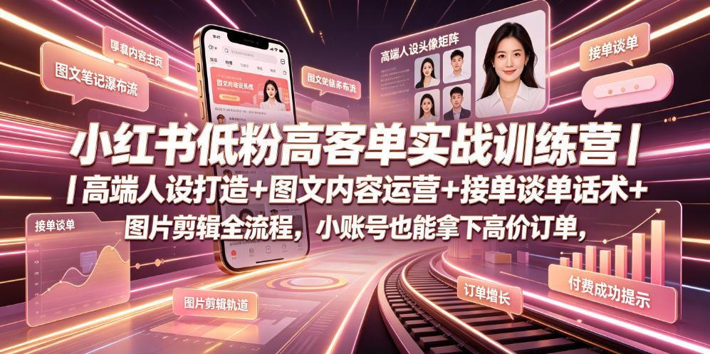 小红书低粉高客单实战训练营｜高端人设打造+图文内容运营+接单谈单话术+图片剪辑全流程，小账号也能拿下高价订单-天韵资源网