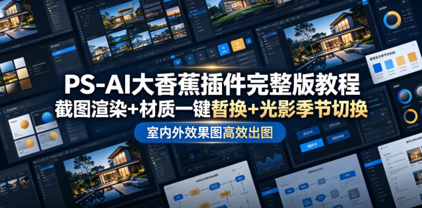 PS-AI大香蕉插件完整版教程，截图渲染+材质一键替换+光影季节切换，室内外效果图高效出图高阶课程-天韵资源网