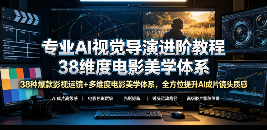 专业AI视觉导演进阶教程，38种爆款影视运镜+多维度电影美学体系，全方位提升AI成片高级感与镜头质感-天韵资源网