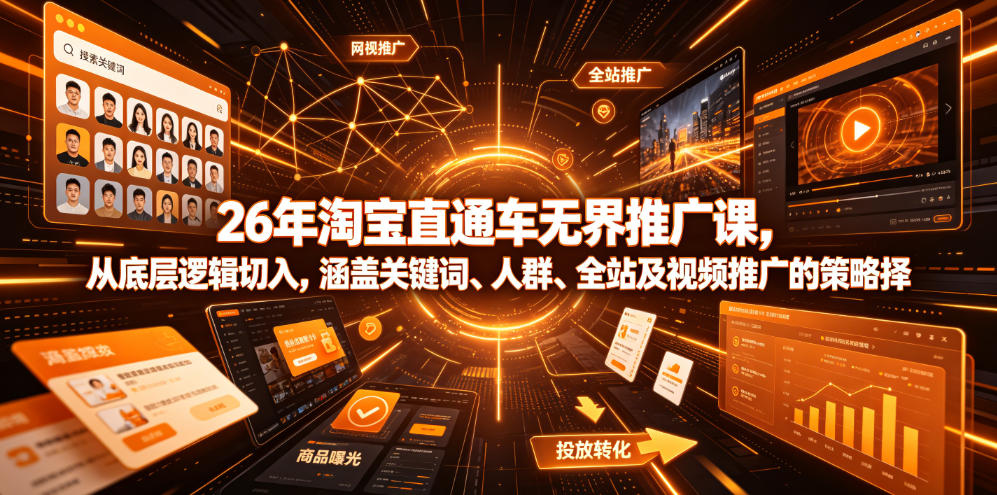 26年淘宝直通车无界推广课，从底层逻辑切入，涵盖关键词、人群、全站及视频推广的策略选择-天韵资源网