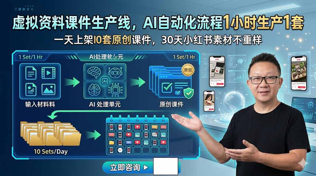 虚拟资料课件生产线，AI自动化流程1小时生产1套，一天上架10套原创课件，30天小红书素材不重样-天韵资源网