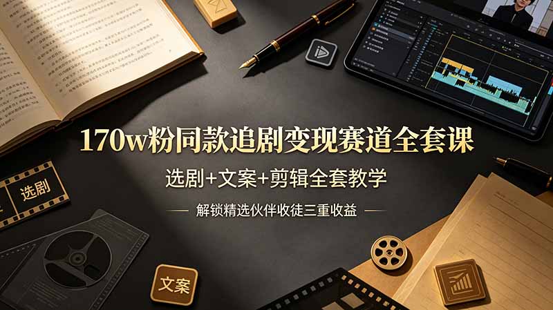 170w粉博主同款追剧变现赛道全套课，选剧+文案+剪辑全套教学，解锁精选伙伴收徒三重收益-天韵资源网
