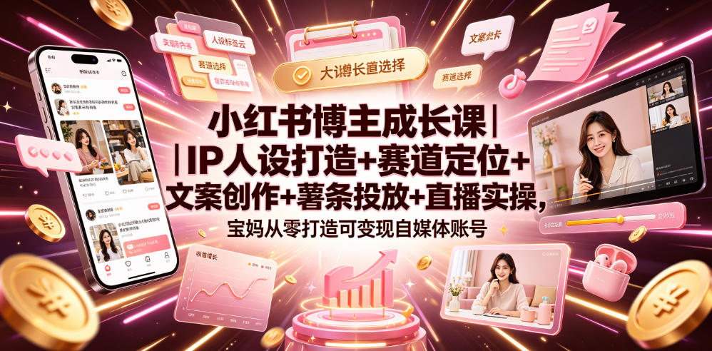 小红书博主成长课｜IP人设打造+赛道定位+文案创作+薯条投放+直播实操，宝妈从零打造可变现自媒体账号-天韵资源网