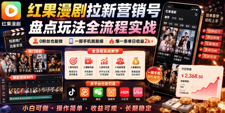 红果漫剧拉新营销号盘点玩法全流程实战，0粉丝也能做，一部手机就能做，爆一条单日收益2k+(更新0628)-天韵资源网