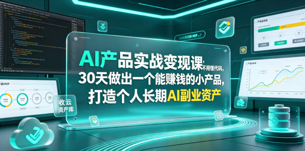 AI产品实战变现课，不用懂代码，30天做出一个能賺钱的小产品，打造个人长期AI副业资产-天韵资源网